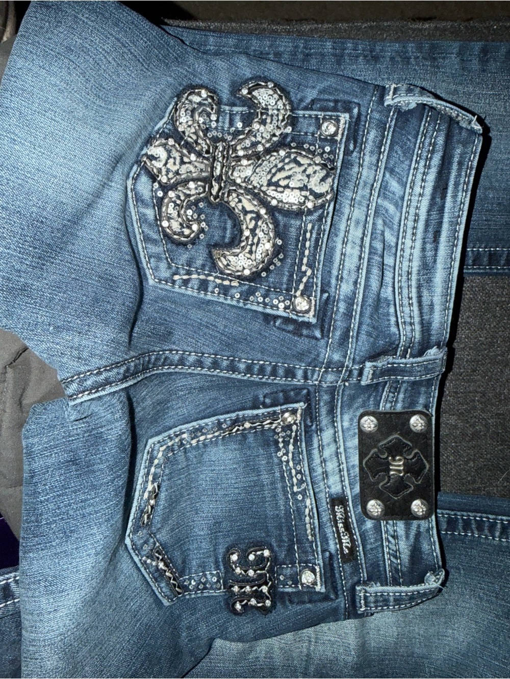 Miss Me Blue Boot Cut Jeans with Sequin Fleur-de-Lis